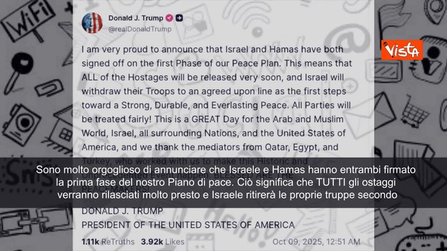 Trump annuncia su social accordo Israele-Hamas: Hanno entrambi firmato prima fase Piano pace