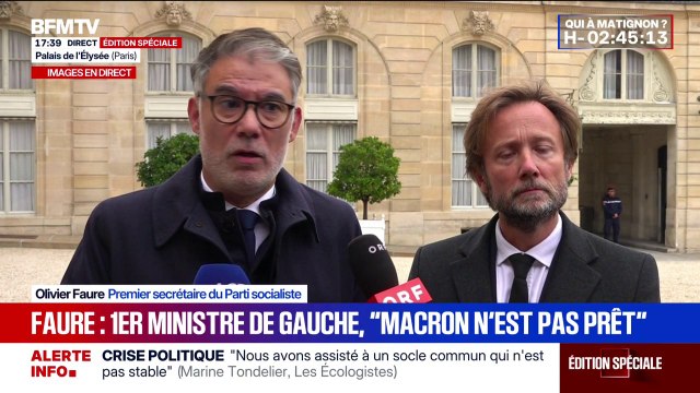 Fin de la réunion à l'Élysée: pour Olivier Faure (PS), à l'heure actuelle, il n'y a aucune garantie de non-censure de la part du PS