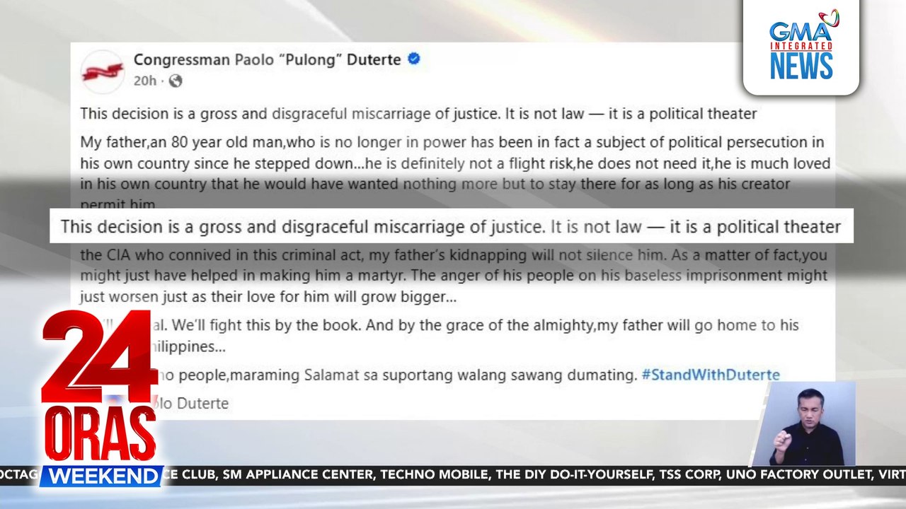 "Pulong" Duterte kinondena ang pagbasura sa interim release request ni FPRRD | 24 Oras Weekend