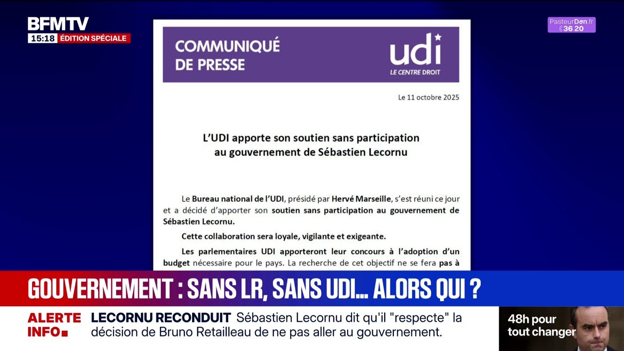 L'Union des démocrates et indépendants (UDI) annonce apporter "son soutien sans participation" au gouvernement de Sébastien Lecornu