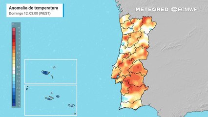 Em Portugal Continental persistem temperaturas elevadas até pelo menos quarta-feira, com anomalias térmicas máximas  positivas entre 6 e 8 ºC.
