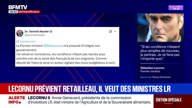 Yannick Neuder, ministre démissionnaire de la Santé, refuse d'intégrer le nouveau gouvernement