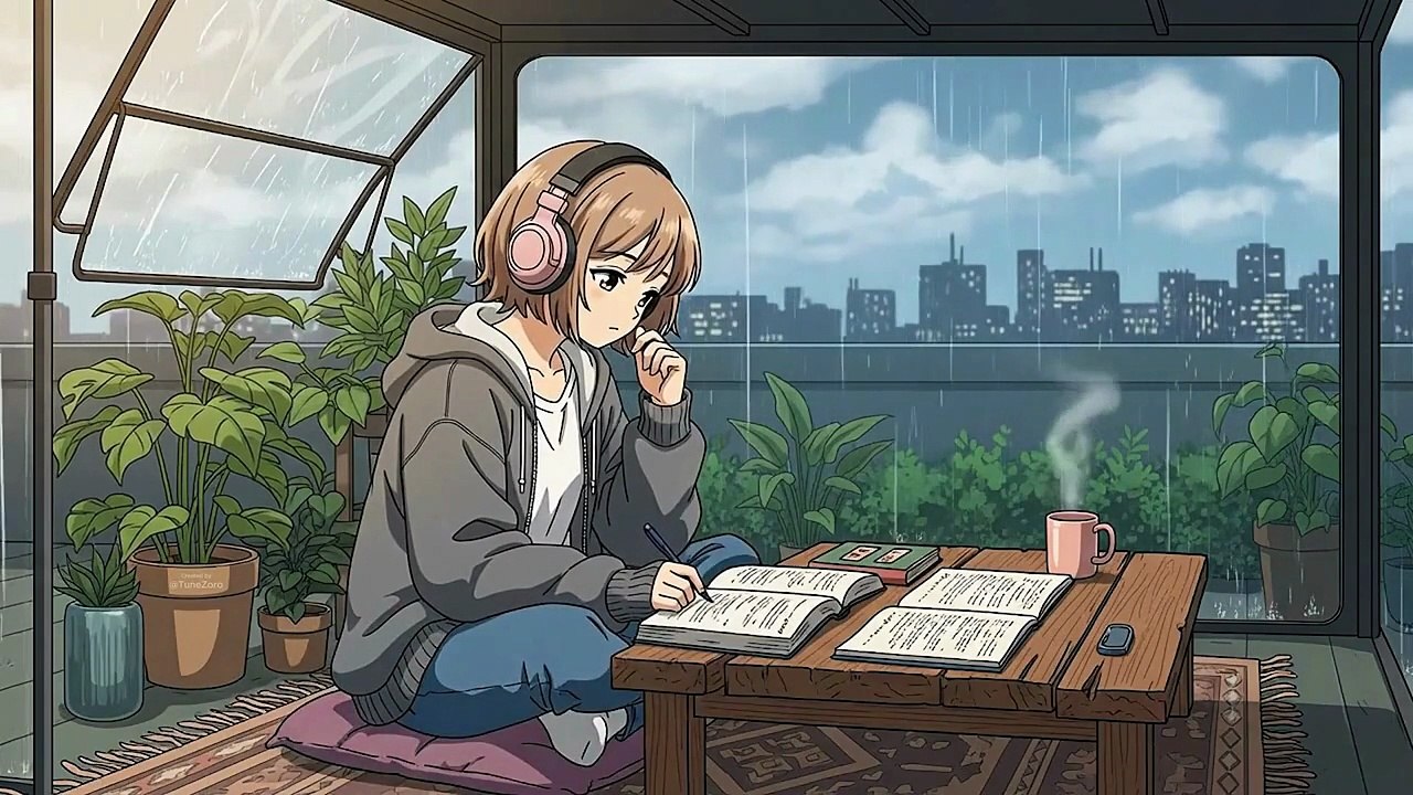Rooftop Study Room with Rain Sounds -Ambience for Studying, Relaxing Rain Sound On Window Meditation