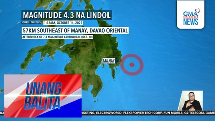 PHIVOLCS – Magnitude 4.3 na aftershock, yumanig sa Manay, Davao Oriental kaninang madaling araw | Unang Balita