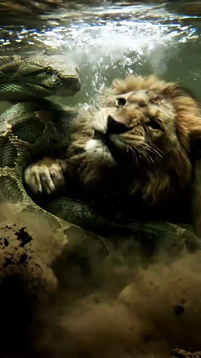 python attack on lion underwater