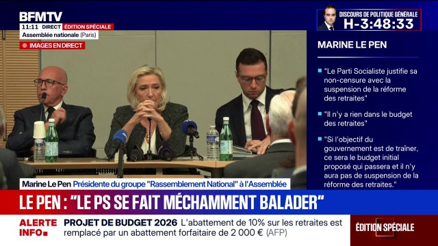 Marine Le Pen accuse les Républicains d'être à front renversé en soutenant le gouvernement sans y participer