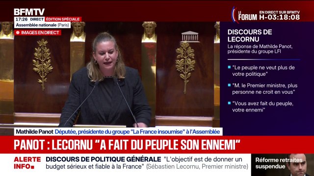 Mathilde Panot, présidente LFI, lance à Sébastien Lecornu qu'il a fait du peuple son ennemi