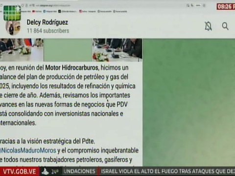 Vpdta. Rodríguez: Motor Hidrocarburos sigue avanzando para fortalecer nuestra industria energética