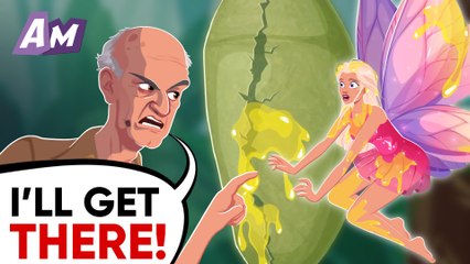 The old man rejuvenated inside a butterfly cocoon