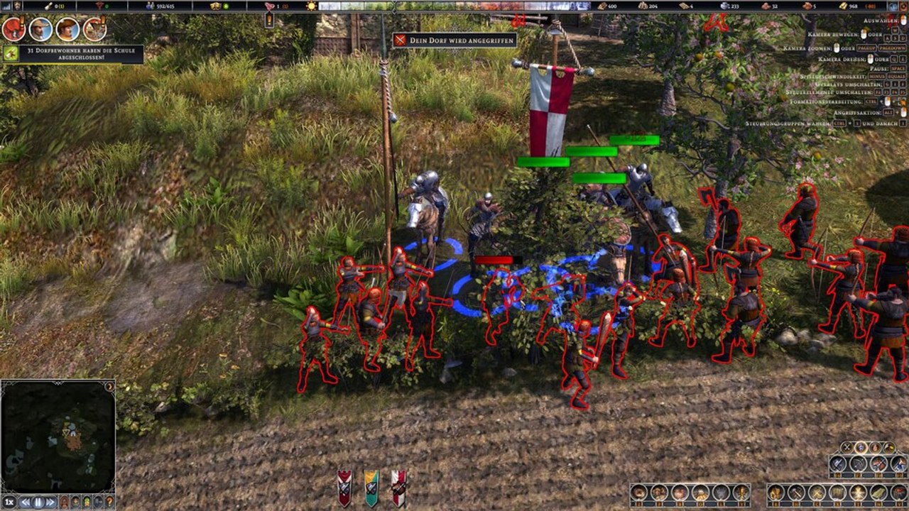 Die Banditen kommen! Doch kein Problem für unsere hochgerüsteten Soldaten im 1.0-Update von Farthest Frontier