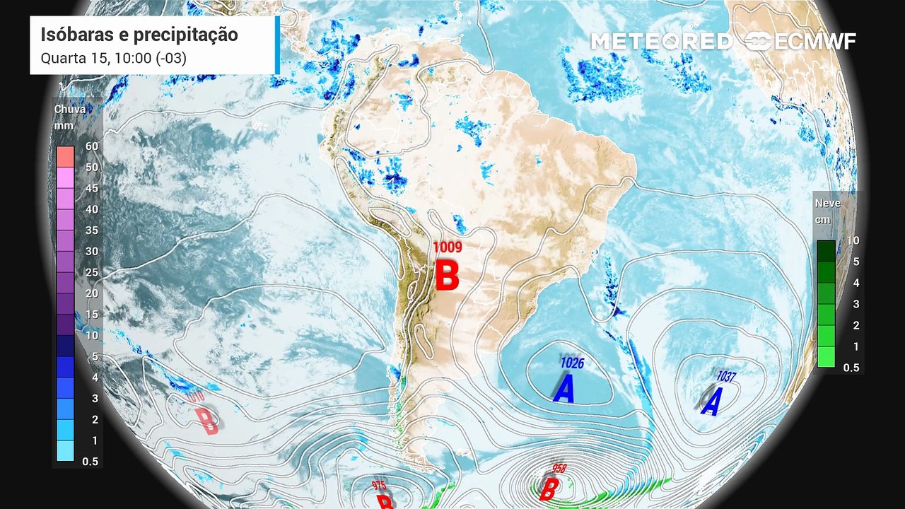 Quarta-feira, 15 de outubro: Previsão de nebulosidade, precipitação e pressão a nível médio do mar entre quarta (15) e sexta-feira (17).