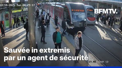 Sauvée par un agent de sécurité, une femme échappe de peu à une collision avec un tramway