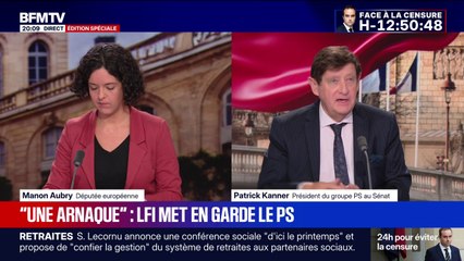 Budget 2026: "Je suis étonné de la violence du propos de certains qui ne servent à rien, dit Patrick Kanner, président du groupe PS au Sénat, à la députée européenne LFI Manon Aubry