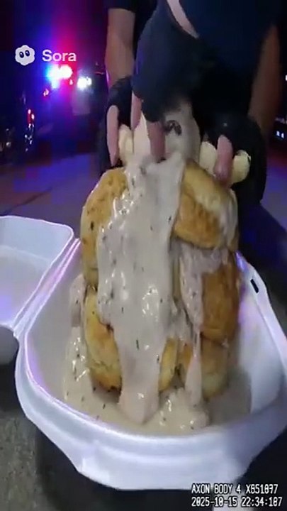 A pile of biscuits and gravy getting arrested