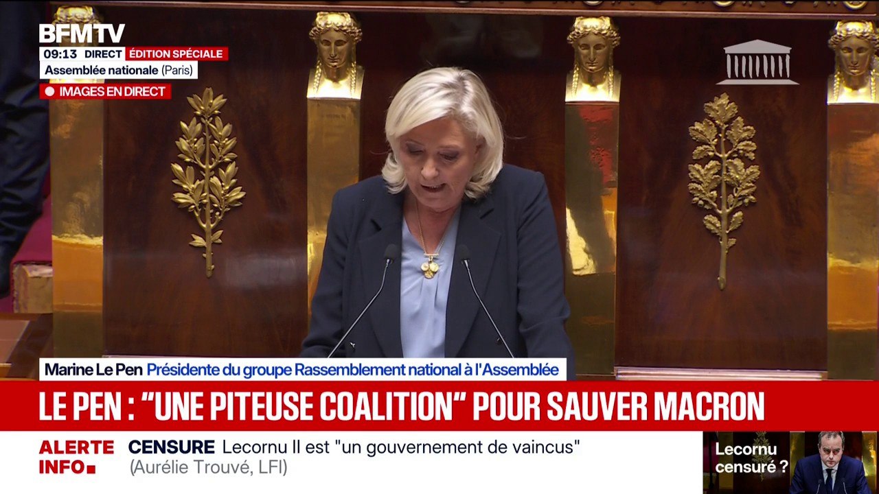 Marine Le Pen (RN) dénonce “la piteuse coalition des partis du système qui se relaient à la tête de l’État depuis 50 ans”