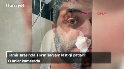 Tamir sırasında TIR'ın sağlam lastiği patladı! O anlar kamerada