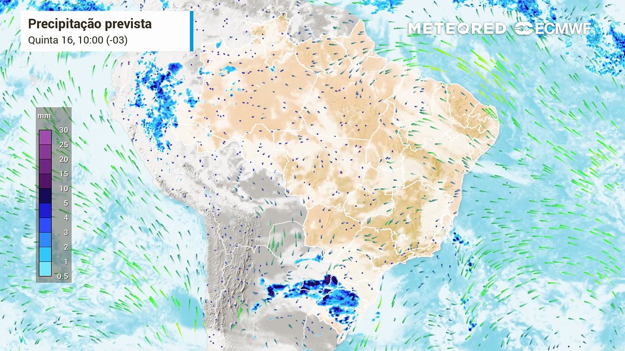 Quinta-feira, 16 de outubro: Previsão de precipitação e de nebulosidade para o Brasil ao longo desta quinta (16), sexta (17) e sábado (18).