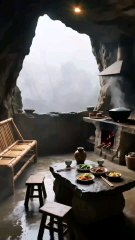 Cave Resort Kitchen, Stone Walls, Firelight.