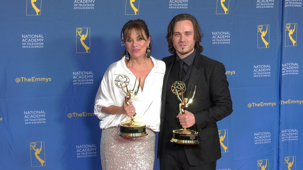 2025 Daytime Emmy Award winners Nancy Lee Grahn and Jonathan Jackson pose together with their awards