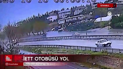 İstanbul Büyükçekmece'de İETT otobüsünün yoldan çıkma görüntüsü kamerada