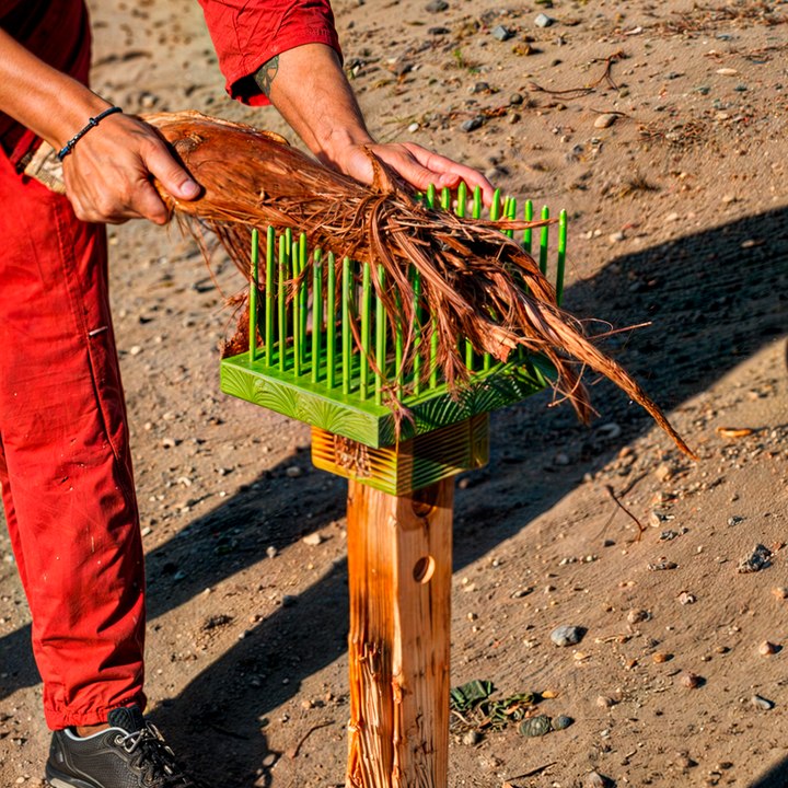 Palm bark is made into fibers for threading
