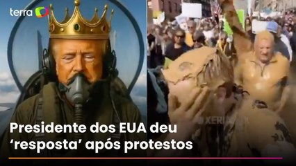 Trump posta vídeo feito por IA onde usa coroa, pilota caça e despeja fezes em manifestantes