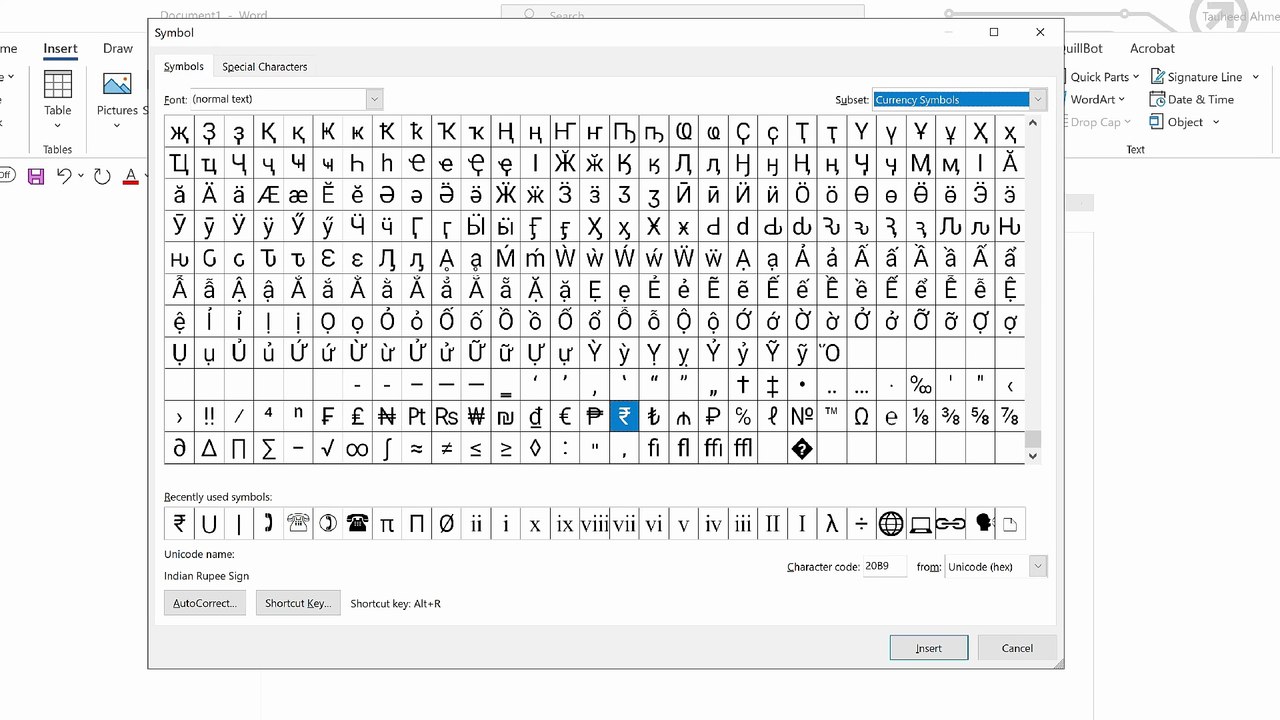 how to type rupee symbol in keyboard in word