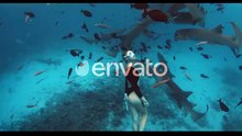 Woman Freediver in a Clear Tropical Water with Nurse Sharks in Maldives