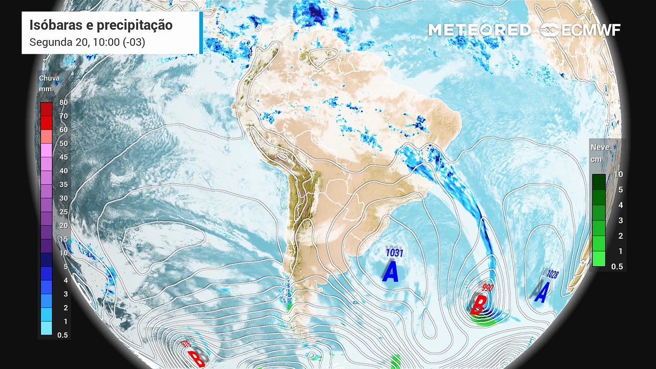 Segunda-feira, 20 de outubro: Previsão de precipitação, nebulosidade e pressão a nível médio do mar entre segunda (20) e quarta-feira (22).