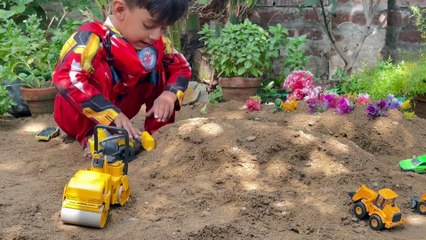 Construction Trucks in Sand 🚜 | Ibrahim Builds Road with Excavator & Crane Toys