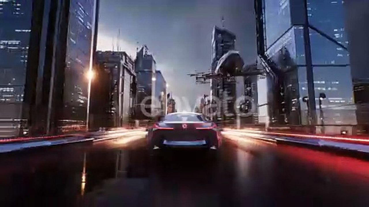 Futuristic Car Riding On Endless Road With Skyscrapers Cinematic Background Loop