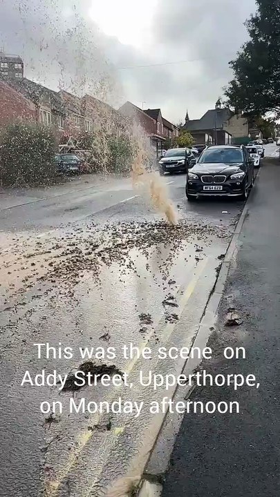 Huge water spout after pipe bursts on Addy Street, Upperthorpe, Sheffield