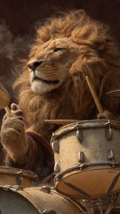 lion playing with drums