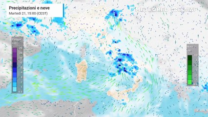 Mappa relativa alle precipitazioni in arrivo sull'Italia