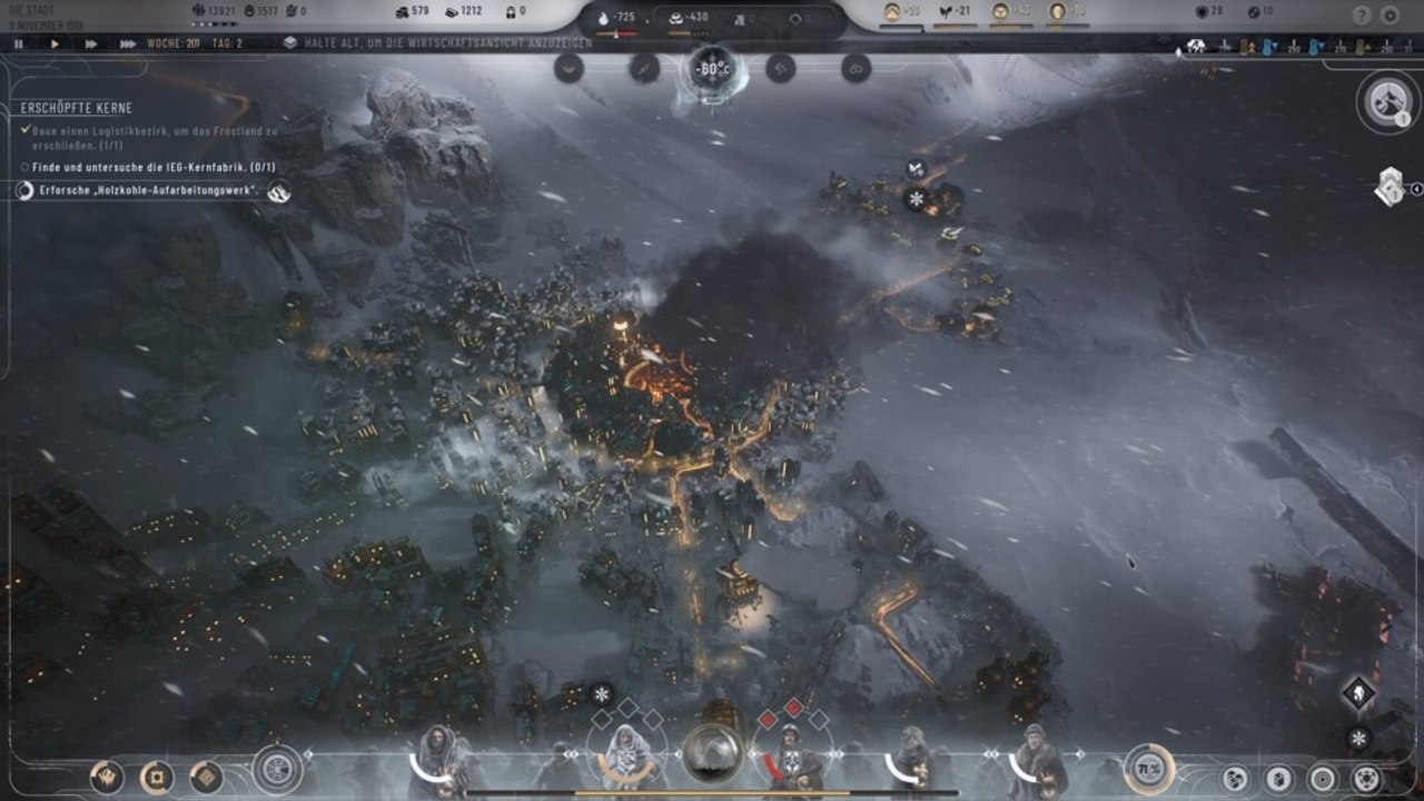 Die Ruhe vor dem Sturm: In Frostpunk 2 steuern wir die Wärme unserer Distrikte, bevor das Unwetter kommt.