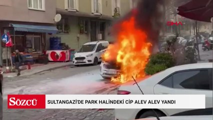 Sultangazi'de park halindeki cip alev alev yandı