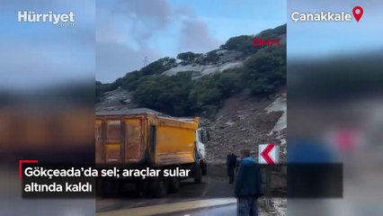 Gökçeada'da sel; araçlar sular altında kaldı