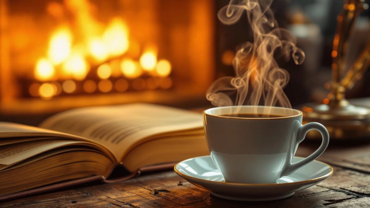 4K Fireplace with Jazz Music ☕ 4 Hours - Cozy Coffee Shop Ambience