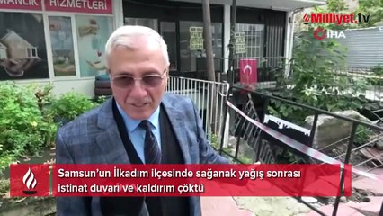 Samsun’da sağanak yağış sonrası istinat duvarı ve kaldırım çöktü