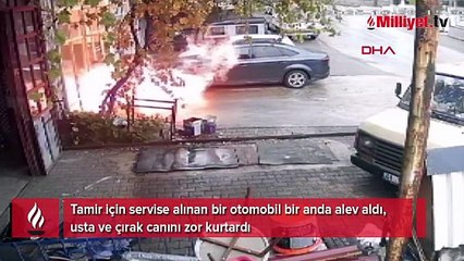 Otomobil bir anda alev aldı, usta ve çırağı alevlerin arasından böyle kaçtı