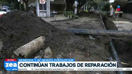 Continúan trabajos de reparación de mega fuga de agua en Col. Portales, CDMX
