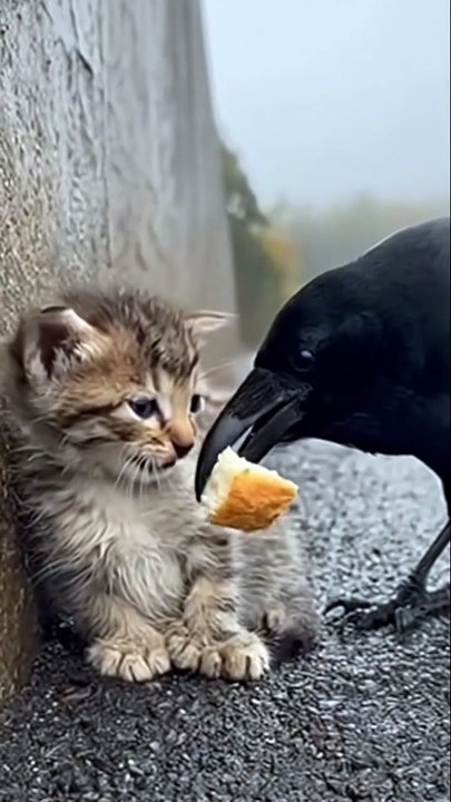Unbelievable Friendship 🐦❤️ Crow Helps a Hungry Kitten | Heartwarming Animal Story