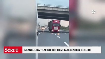 İstanbul'da tırın yolda zikzak çizerek ilerlemesi kamerada