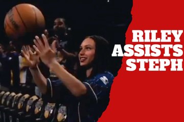 Riley Curry assists legendary father Stephen before a game against the Lakers