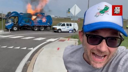 Watch as garbage truck erupts into flames
