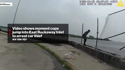 Video shows moment cops jump into East Rockaway Inlet to arrest car thief
