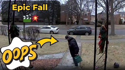 Man slips on icy steps while leaving for work as doorbell camera records the hilarious moment