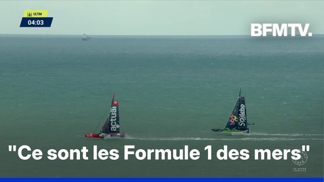 Transat Café L'Or: le départ des Ultim au large du Havre en intégralité