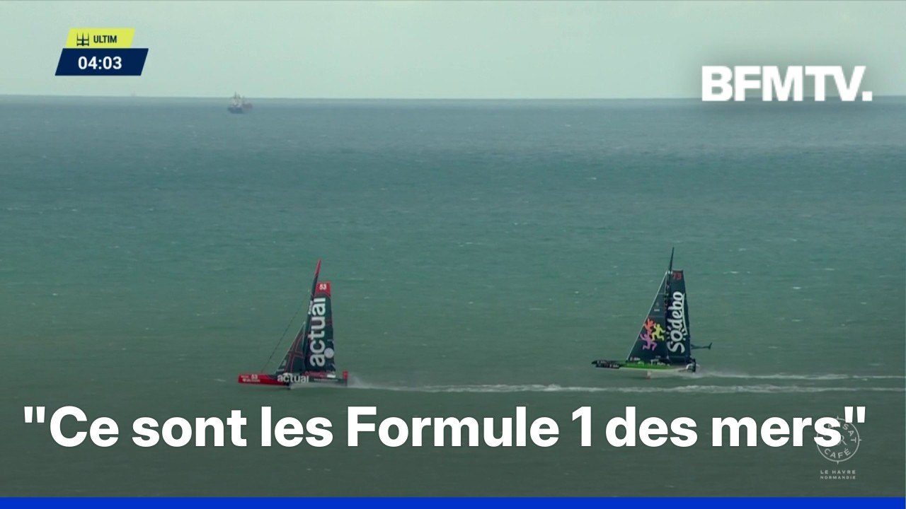 Transat Café L'Or: le départ des Ultim au large du Havre en intégralité