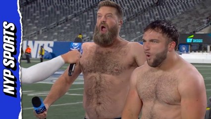 Giants' Cam Skattebo strips off shirt with Ryan Fitzpatrick in BONKERS postgame scene